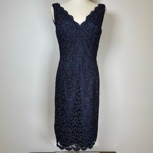 Adrianna Papell Navy Shimmer Embroidered Lace Short Formal Dress Size 4